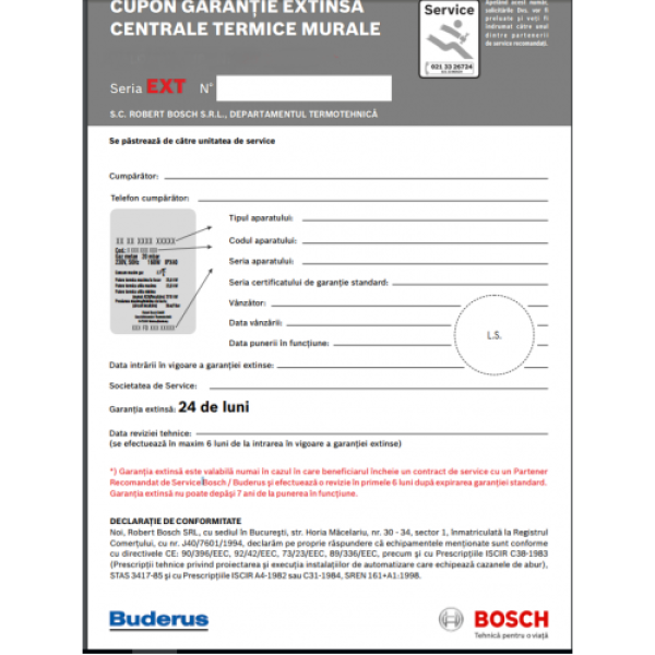 Achizitie cupon garantie extinsa pentru centrale termice murale cu condensare Buderus/Bosch